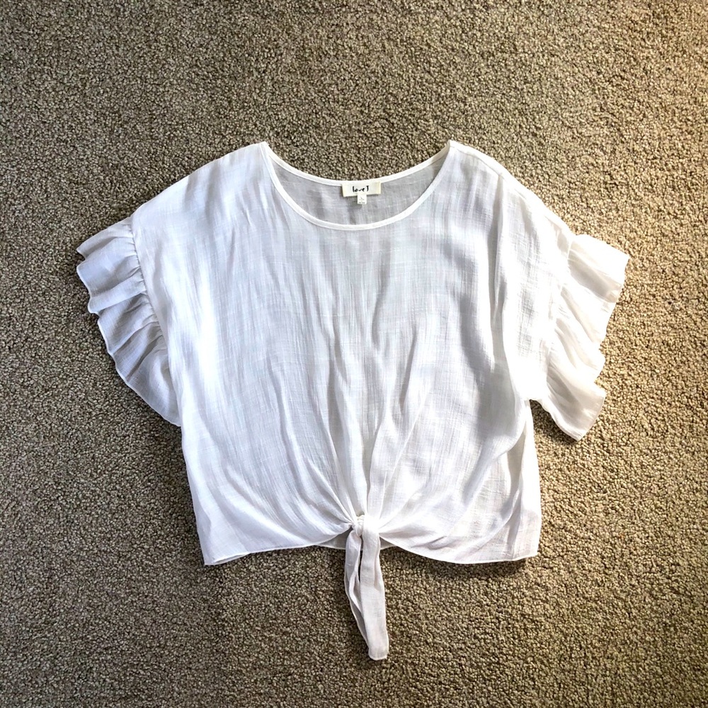 Love J White Ruffle Tie Front Crop Blouse L Cotton Gauze Boho Beach Coverup